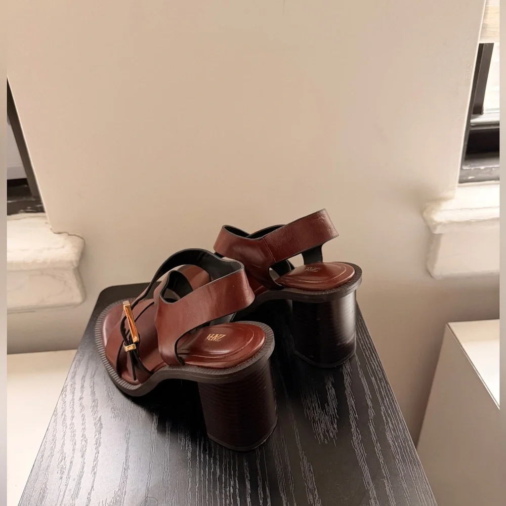 Zara Brown Leather Sandals With Gold Buckles Like New 2025 - Picture 4 of 5